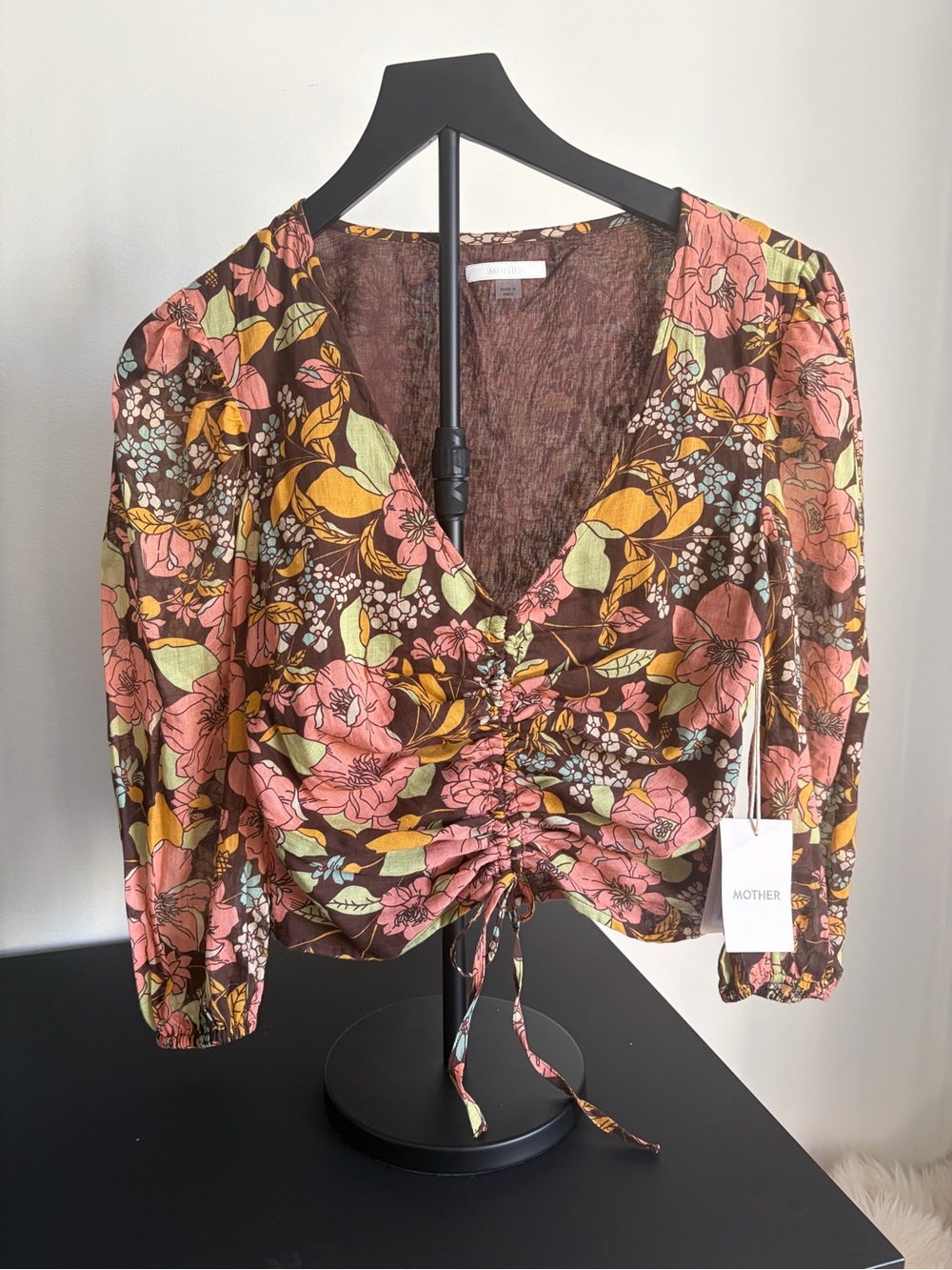 MOTHER Floral Ruched V-Neck Crop Top in Brown, Pink & Yellow